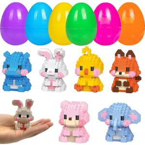 6 Pack Prefilled Easter Eggs with Toys Inside, Cute Mini Animals Building Blocks for Easter Basket Stuffers Essential, Easter Egg Fillers Gift for Kids Age 6-12+