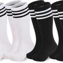 American Trends 4 Pairs Toddler Soccer Socks Kids Youth Baseball Sock Boys Girls knee High Striped Socks Cotton Tube Sock (4-6 Years, Black*2/White*2)
