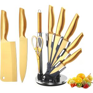 Gold Knife Set8Pcs Gold Titanium-Coated Dishwasher Safe Stainless Steel Kitchen Knife Set with Black Acrylic Knife Holder,Super Sharp Knife Block Set