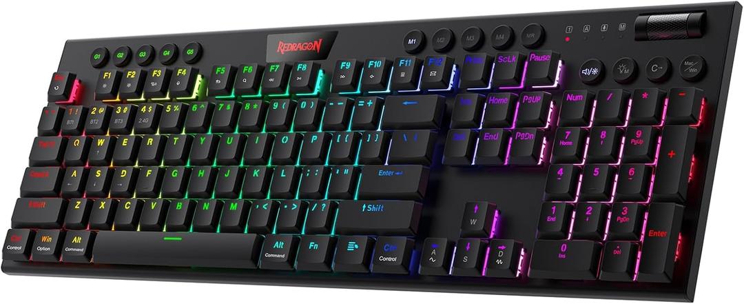 Redragon K618 Horus Wireless RGB Mechanical Keyboard, Bluetooth/2.4Ghz/Wired Tri-Mode Ultra Thin Low Profile Gaming Keyboard w/No-Lag Cordless Connection, Dedicated Media Control & Linear Red Switch