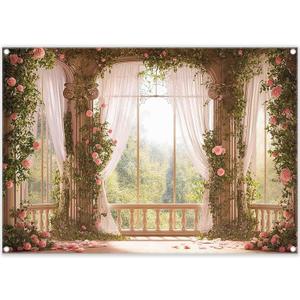 7x5ft Fabric Spring Window Scenery Photography Backdrop Pink Floral Green Forest Background Wedding Bridal Shower Newborn Party Decorations Photo Booth Props