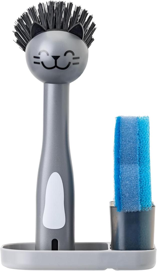 Vigar Pets Club 3-in-1 Gray Cat Dish Brush, Blue Fish Sponge and Tray for Brush and Sponge Holder for Kitchen Sink, Sponges for Dishes Cat, Dog Bowls