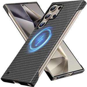 Magnetic Ultra-Thin Frosted Soft Touch Skin Borderless Carbon Fiber Style Texture for Samsung Galaxy S24 Ultra Frameless Case 6.8" Slim Minimalist Lightweight Hard for MagSafe Cover Case-Black