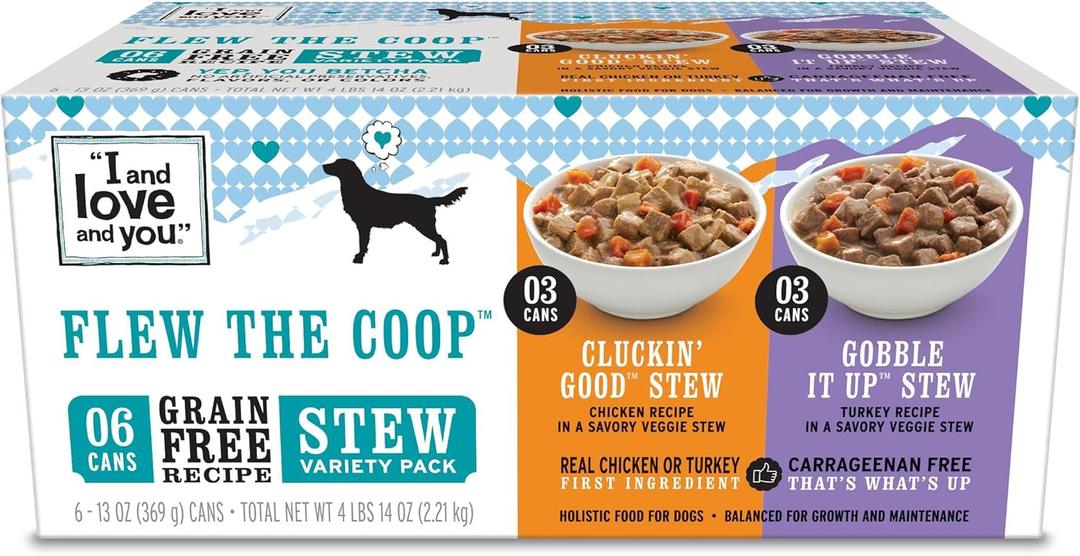 I AND LOVE AND YOU Wet Dog Food - Flew The Coop Variety Pack - Chicken + Turkey, Grain Free, Filler Free 13oz can, 6pk, Best By: Sep 26 28