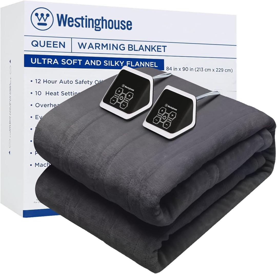 Westinghouse Queen Size Electric Heating Blanket, 10 Levels, Auto Shut Off, Fast Heating, Machine Washable (Queen, 84x90 Inches, Charcoal)