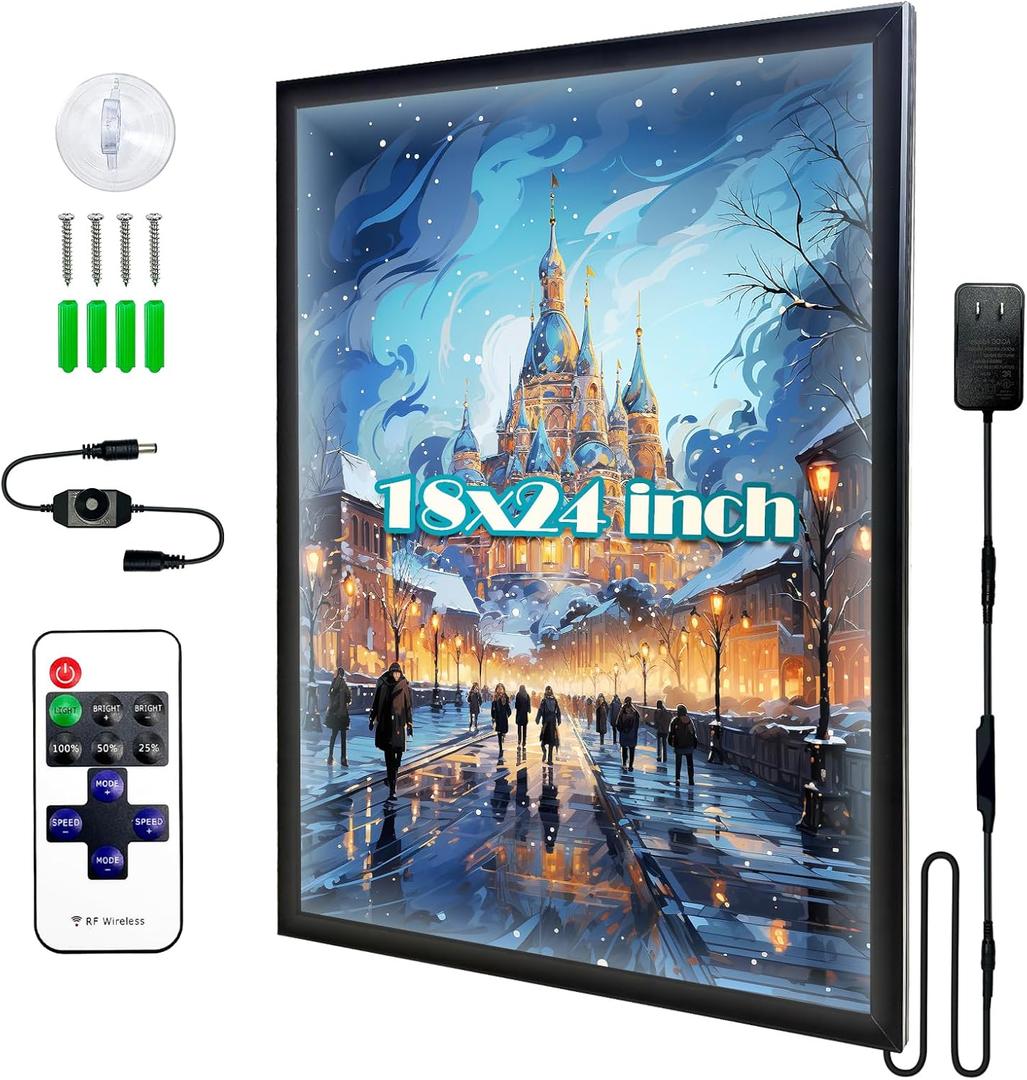 LED Poster Frame 18"x24" with Remote and Manual Control, Backlit Picture Frame with Hidden Hooks, Wall Mounted Light Box, Aluminum Profile, Led Frame for Movie Poster Advertising Display, Black