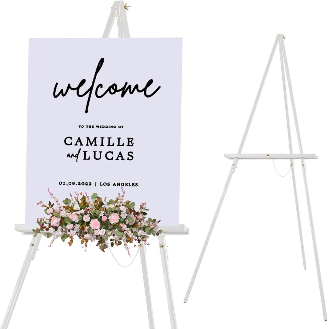 Falling in Art 65" A-Frame Tripod Easel Stand, Wooden Display Easel with Adjustable Canvas Holder, Floor Easel for Wedding Signs, Posters, Paintings, Artwork(White) 1 Pack
