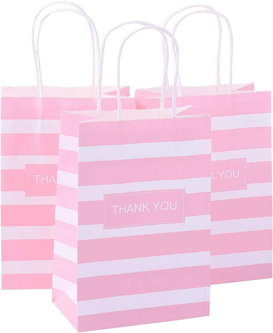 50Pcs Thank You Small Paper Gift Bags Bulk, 5.25" x 3.75" x 8" Kraft Paper Bag for Party Favors, Valentine's Day, Birthday, Wedding, Thanksgiving, Goodie, Retail, Employee Appreciation - Pink