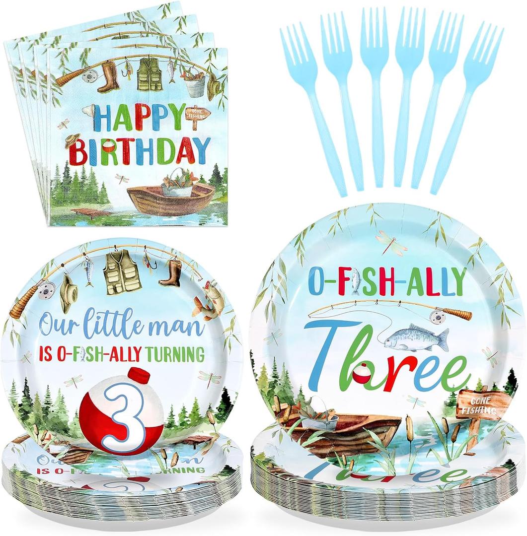96Pcs Fishing 3rd Birthday Party Decorations Gone Fishing Three Paper Plates and Napkins Ofishally Three Disposable Tableware Set for Fisherman Baby Shower 3rd Birthday Party Supplies, Serves 24