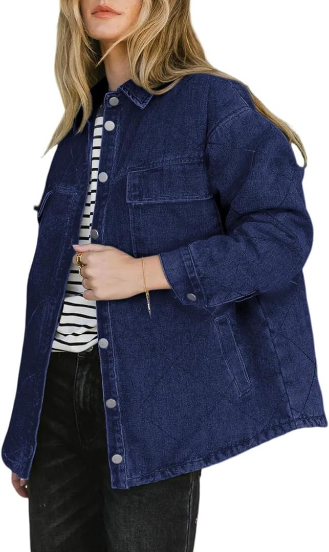 Dokotoo Denim Jacket for Women Fashion Solid Oversized Long Sleeve Button Down Shacket Jacket Coat with Pockets (Large, Navy Blue)