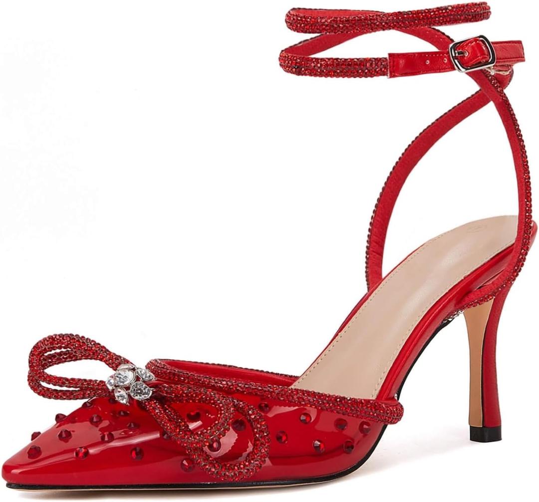 VETASTE Women's Double Bow Pointed Toe Ankle Strap Crystal Pumps Wedding Bridal Party Stilettos Backless Satin Heeled Sandals (Red)