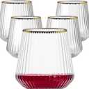 Lueumxc 40 Pack Plastic Ribbed Wine Glasses, 14Oz Origami Disposable Wine Glasses Unbreakable Clear Plastic Cocktail Glasses Recyclable Shatterproof Reusable Wine Cups (14oz-Gold Rim 40pack)