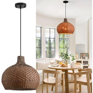 Brown Rattan Pendant Lights,15.8" Boho Chandelier Dining Room Light Fixture 3-Lights Wicker Hanging Ceiling Lighting for Kitchen Island Restaurant Bedroom Foyer Entryway Breakfast Nook (H006)