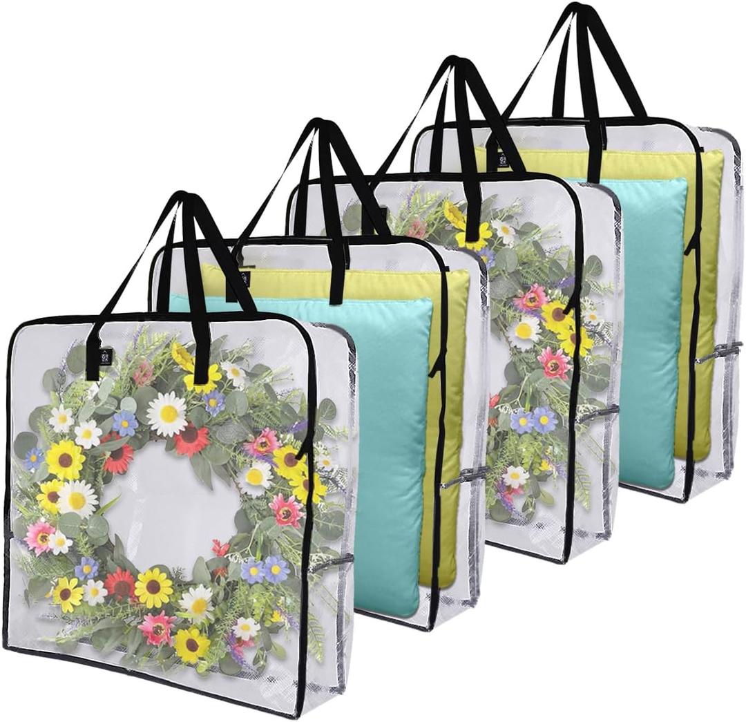 VENO 4 Pack Spring Wreath Storage Bag, Summer, Christmas Decoration Garland Container, 30 Inch Clear Door Wreath Organizers, Moving Boxes, Packing Supplies for College (Square - 4 Pack)