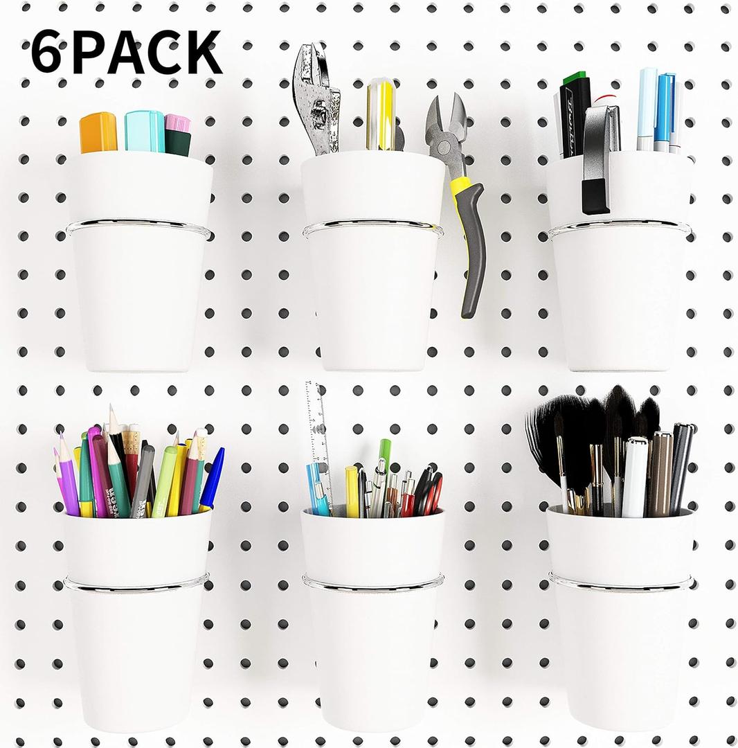 Kuhome 6 Sets Pegboard Hooks with Pegboard Cups, Ring Style Pegboard Bins with Rings, Pegboard Cup Holder Accessories for Organizing Storage (White)