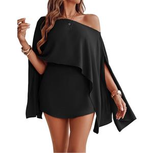 CHICME Women's 3 Piece Summer Outfits Off Shoulder Batwing Sleeve Tops with Bandeau and Skorts Sets Casual Vacation Outfit (Large, Black)