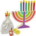 Mini Multicolor Hanukkah Menorah, 5" Inch Children Wooden Chanukah Menorah Set with Removable Wooden Candles, 3" Inch Dreidel, and Gelt Coins (Single)