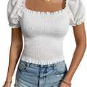 SOLY HUX Women's Square Neck Puff Short Sleeve Frill Shirred Smocked Crop Tops Blouse, White, XL