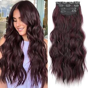 KooKaStyle Clip in Synthetic Hair Extensions Long Wavy 4PCS Thick Hairpieces Burgundy mix Dark Brown Fiber Double Weft Natural Hair Extensions 24 Inch for Women Burgundy mix Dark Brown