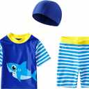 Baby Boys Two Piece Swimsuit Dinosaur Bathing Suit SPF Swim Shirt & Trunks Kids Rash Guard Shorts with Swim Cap (Blue)