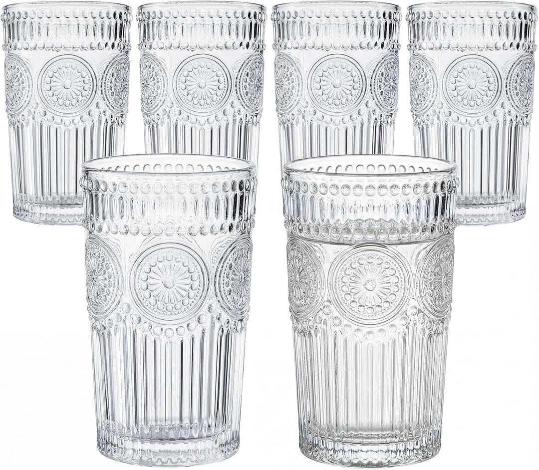 Kingrol Embossed Vintage Drinking Glasses Set of 6, 12 oz Textured Glass Tumblers, Clear Retro Water Glasses for Iced Coffee, Juice, Cocktails & Everyday Use