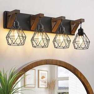 Farmhouse Bathroom Light Fixtures, 4 Light Bathroom Vanity Light, Black Rustic Wood Vanity Lights Wall Sconces with Elegant Metal Lampshade for Living Room, Bedroom, Hallway (Retro Black, 4-Light)