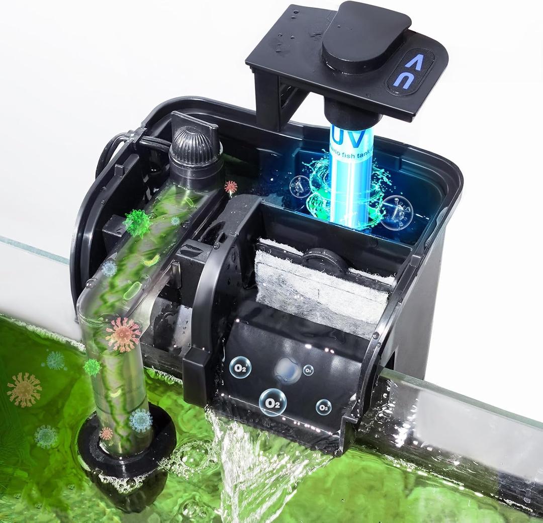Hang on Back Aquarium Filter 158GPH for 10-40 Gal. Fish Tank, w/ Detachable U-V Light &Surface Skimmer, 4-Stage Suspension Oxygen Deodorization Saltwater Freshwater Crystal Clear Green Clean Machine