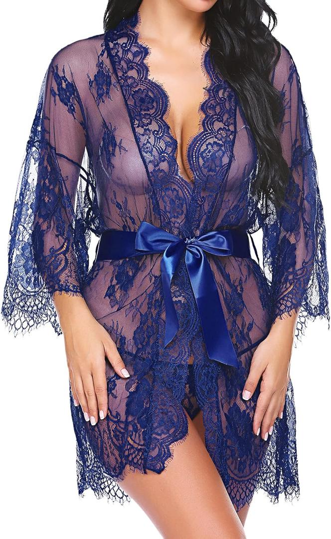 Avidlove Women's Lace Kimono Robe Babydoll Lingerie Mesh Nightgown  (Blue, XL)