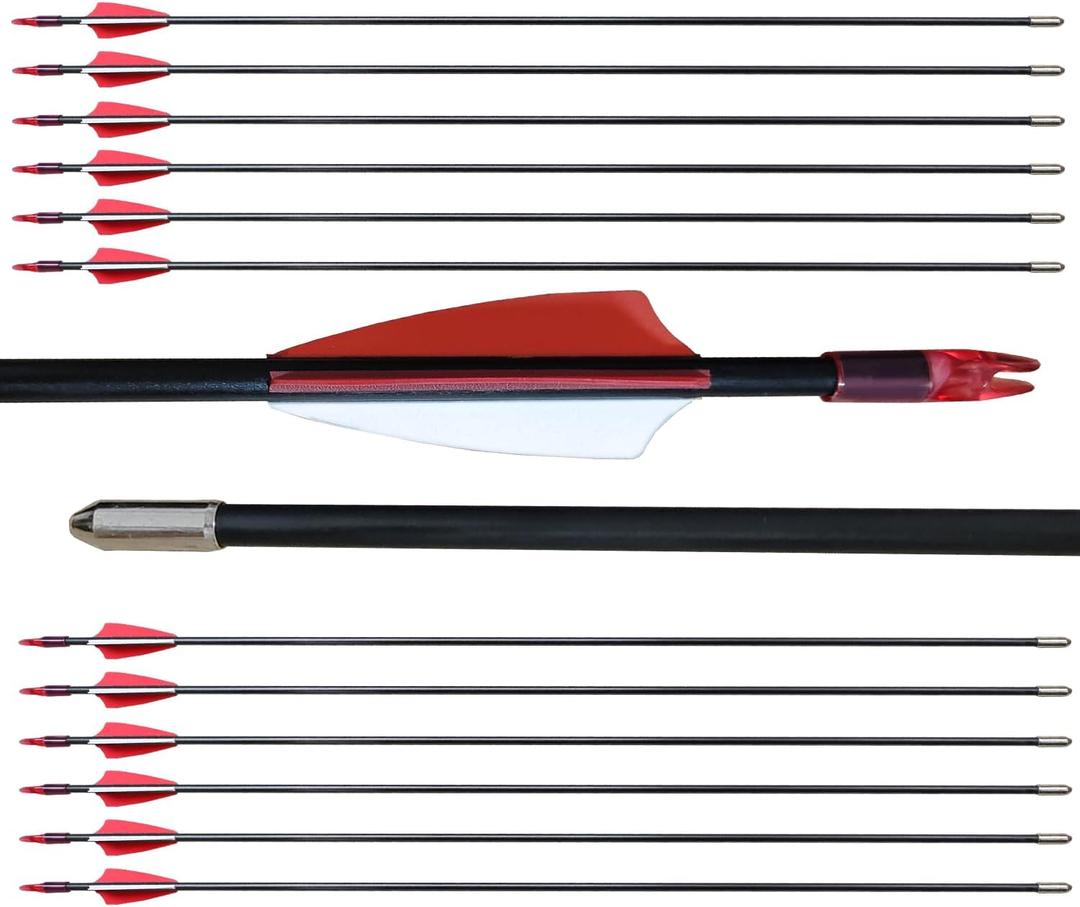 28" Target Arrows Youth Beginners Practice Fiberglass Arrows for Recurve BowSafety Blunt Tips (Red) 12 Pcs