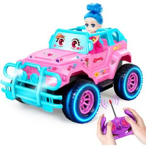 Remote Control Car RC Truck with DIY Stickers and Doll, 1:20 Scale Remote Control Monster Truck, 2.4Ghz LED Light Off-Road Racing Cars, for Kids Boys Girls 6 7 8 9 10 Years Old (Pink)