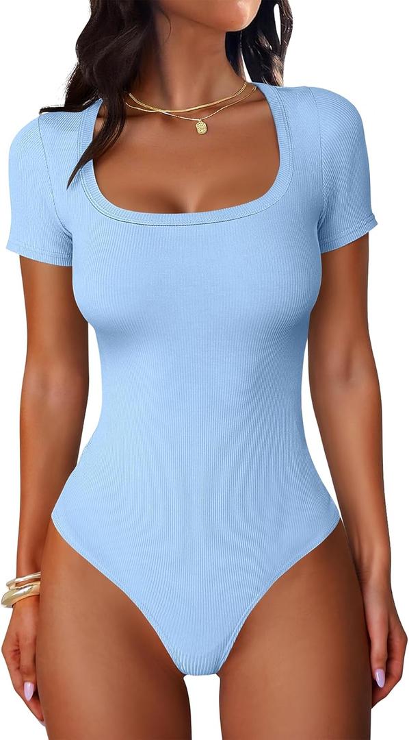 ANRABESS Bodysuits for Women Short Sleeve Scoop Neck Tops 2026 Summer Slim Fit Ribbed Knit Sexy Basic Shirt Fashion Outfits (Medium, Sky Blue)