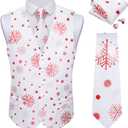 DiBanGu Mens Christmas Suit Vest and Tie Set for Men Waistcoats and Necktie Pocket Square Set for Prom Party S-3XL (Large, White Red)