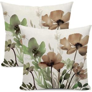 Spring Floral Pillow Covers 20x20 Inches Set of 2 Sage Green Brown Floral Throw Pillow Cover Outdoor Rustic Summer Flower Decor Pillowcase Farmhouse Decorative Cushion Cover for Home Sofa