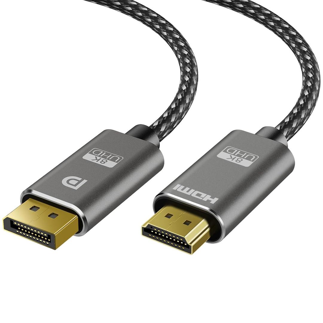 8K DisplayPort to HDMI Cable 10 ft, 8K@60Hz, 4K@120Hz, 2K@240HZ Nylon Braided, Unidirectional DisplayPort 1.4 Source to HDMI 2.1 Display, DP to HDMI Compatible with PC, Dell, AMD, Lenovo, Monitor, HP
