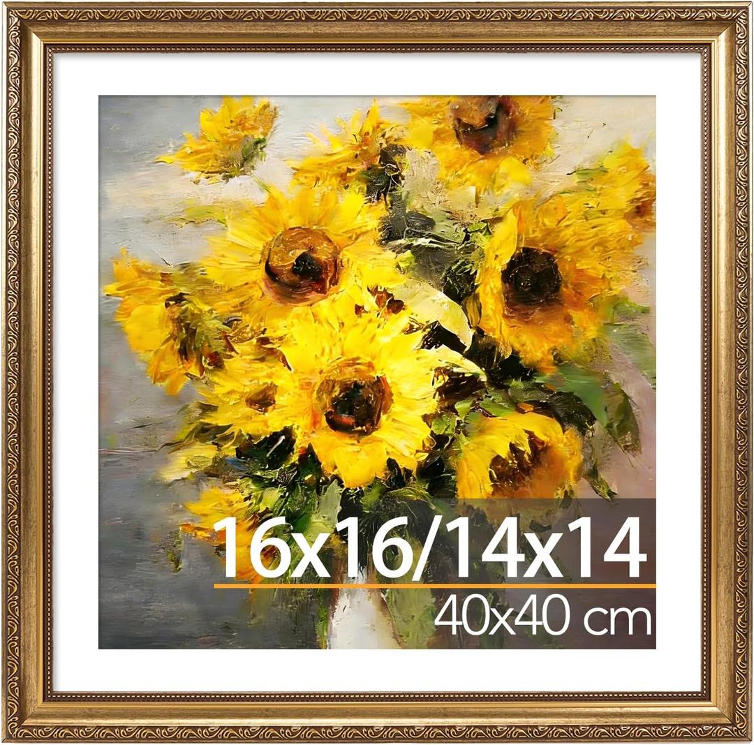 JCJMY 16x16 Vintage Picture Frame with 14x14 Mat for 40 x 40cm Diamond Art Painting, Elegant Retro 16 by 16 Photo Frame with Shatter-Resistant Plexiglass for Wall, Gallery Decor & Gift, Gold, 1 Pack