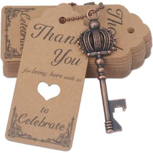 100 Pcs Key Bottle Opener Wedding Party Favors, Crown Skeleton Keys for Birthday Anniversary Party Souvenir Gifts for Guests with Keychain and Thank You Cards (Copper)