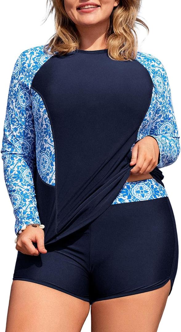 Hanna Nikole Women Plus Size Rash Guard Long Sleeve Two Piece Bathing Suit with Boy Short UPF 50 Swimsuits
