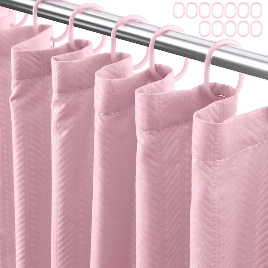Pink Shower Curtain or Liner - Waffle Textured Thin Fabric Shower Curtains for Bathroom, Light Weighted Polyester Cloth Bath Curtain Set with 12 Plastic Hooks72Wx72H, Pink