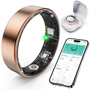 Smart Ring with Sleep Monitoring, Step Counting, Heart Rate, Blood Oxygen for iOS and Android, No Subscription Fee, IP68 Waterproof Health Tracker (Rose Gold, 9)