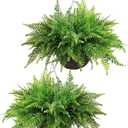 QIANYUN Fake Fern Outdoor Artificial Plants-2-Pack Artificial Outdoor Hanging Fern Faux Greenery UV Resistant Plastic Plants for Front Porch Living Room Garden Decor- Including Hanging Planters