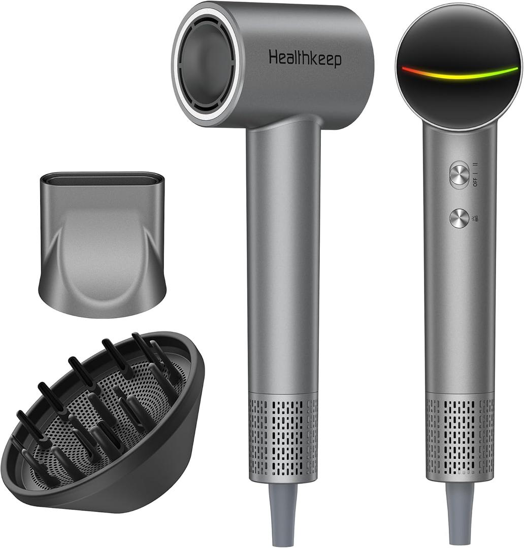 Hair Blow Dryer with Diffuser: 1500W High-Speed Brushless Motor 500M Ionic Technology, Thermo-Control Low Noise for Curly, Straight Hair, Home Travel Salon (Grey)