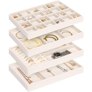 Jenseits 4 Jewelry Organizer Drawer Insert, Stackable Velvet Jewelry Tray Organizer Display Case Storage Containers, Earring Holder Necklace Watch Bracelet Accessary Ring Trays, Gift For Women (Beige)