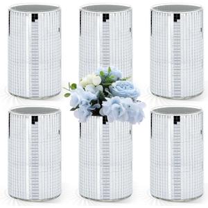 Hushee 6 Pcs 6 Pcs Disco Ball Vase Disco Planter Cylinder Glass Vase Mirror Tiles Modern Planter Pot Candle Holder for Wedding Centerpieces Birthday Party Gift Bedroom Decoration (6'')