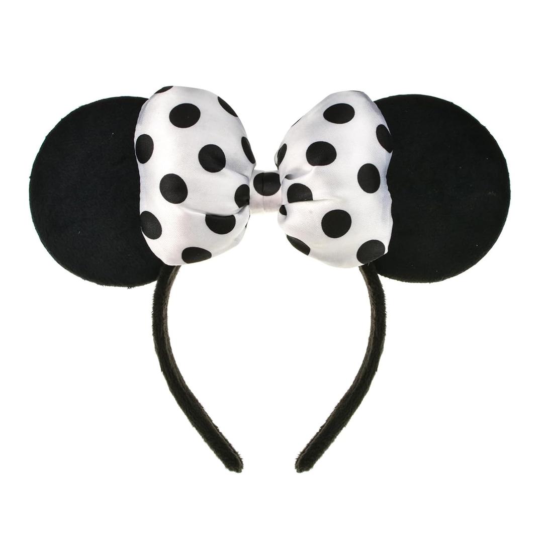 A Miaow 3D Black Velvet Headband Polka Dot Satin Bow Hair Clasp Women Adults Hair Accessory Party Costume Supply Holiday Park Headwear (Black and White)
