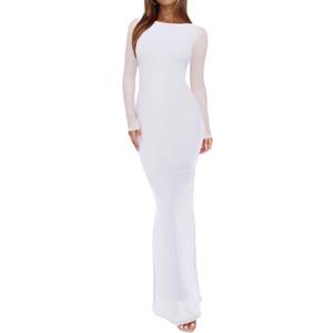 REORIA Women's Spring Mesh Sheer Long Sleeve Wedding Guest Dress Sexy Floral Bodycon Maxi Long Dresses (Large, Brilliant White)