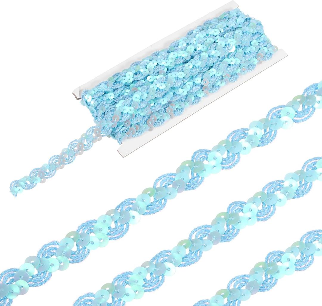 MECCANIXITY 5 Yard Sequins Beaded Lace Trim 0.6 Inch Wave Sequin Braid Trim Strip Paillette Ribbon for Crafts, Embellishments, DIY Sewing Costume, Light Blue