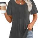 OFEEFAN Womens T Shirts Short Sleeve Pleated Dressy Casual Scooped Neck Summer Tops Blouses (XX-Large, 04-dark Grey)