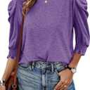 Tankaneo Womens 3/4 Length Sleeve Tops Dressy Casual Blouse Puff Sleeve Cute Trendy T Shirts with Smocked Cuffs (Purple)