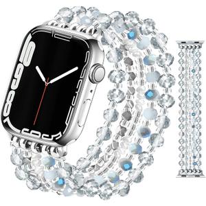 JR.DM Beaded Bracelet Bands for women Compatible with Apple Watch 42mm(S3/2/1) 44mm 45mm 46mm 49mm Fashion Dressy Stretchy Handmade Strap for iWatch Series 11/10/9/8/7/6/5/4/SE 3/2/1 Ultra(Blue/Clear)