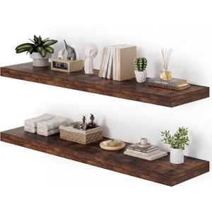 Heimlove 48W x 12D Long Floating Shelf, 12 Inch Deep Floating Shelves for Wall Set of 2, Wood Shelves for Bedroom Living Room Bathroom Kitchen Home Office, Rustic Brown, 47.2"W x 11.6"D x 1.5"H, 2 Pack